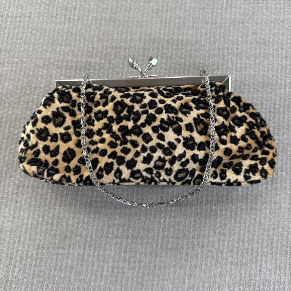 Vintage 90s Leopard Velvet Beaded Purse Chain Strap Evening Handbag Party Clutch - Picture 1 of 9
